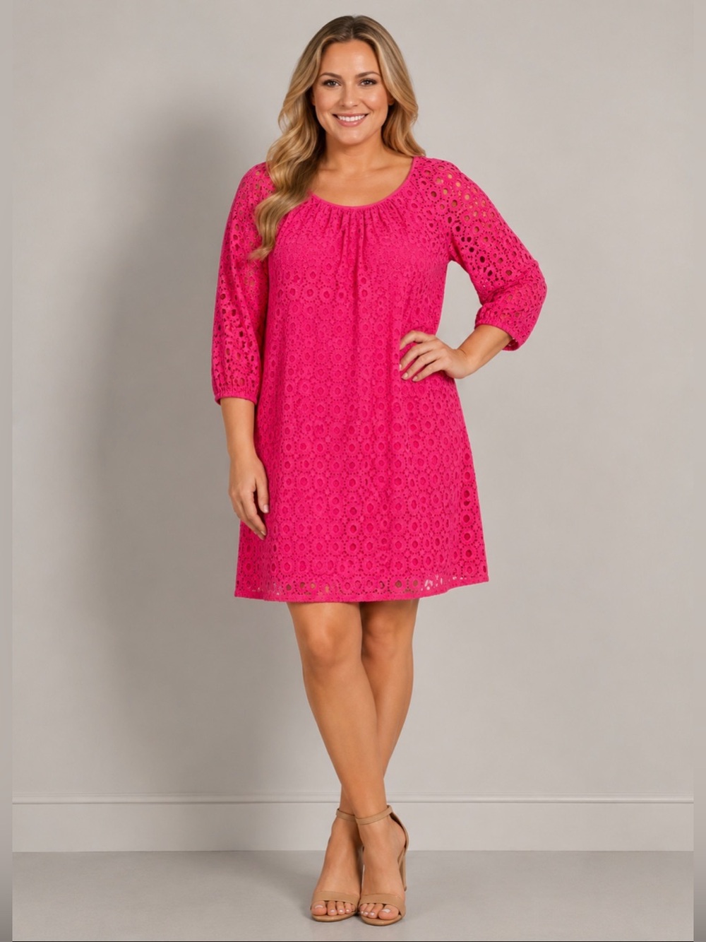 Crown & Ivy Hot Pink Eyelet Shift Dress Size 10P Cottagecore 3/4 Kentucky Derby